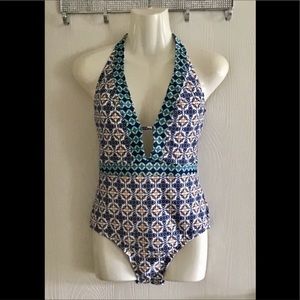 Swim suit one piece plunge turquoise blue nice designs  colorful 8/10🌞🌞